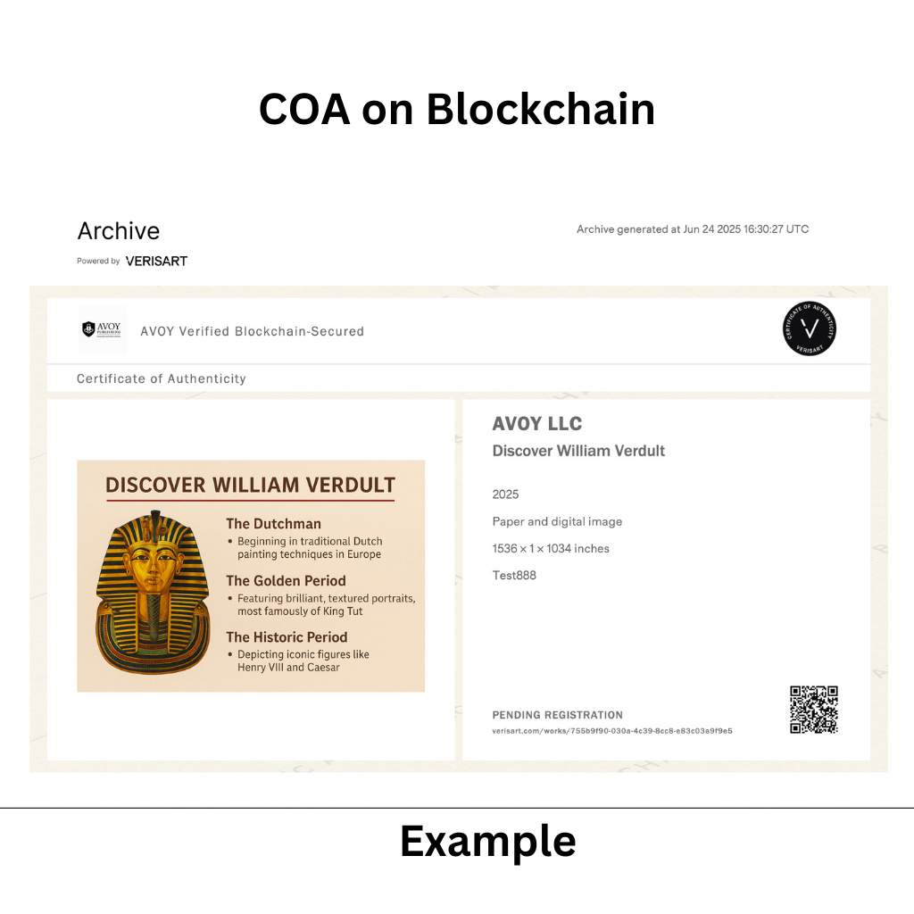 Official William Verdult COA | Blockchain Authenticated | Verisart + Mailed Certificate