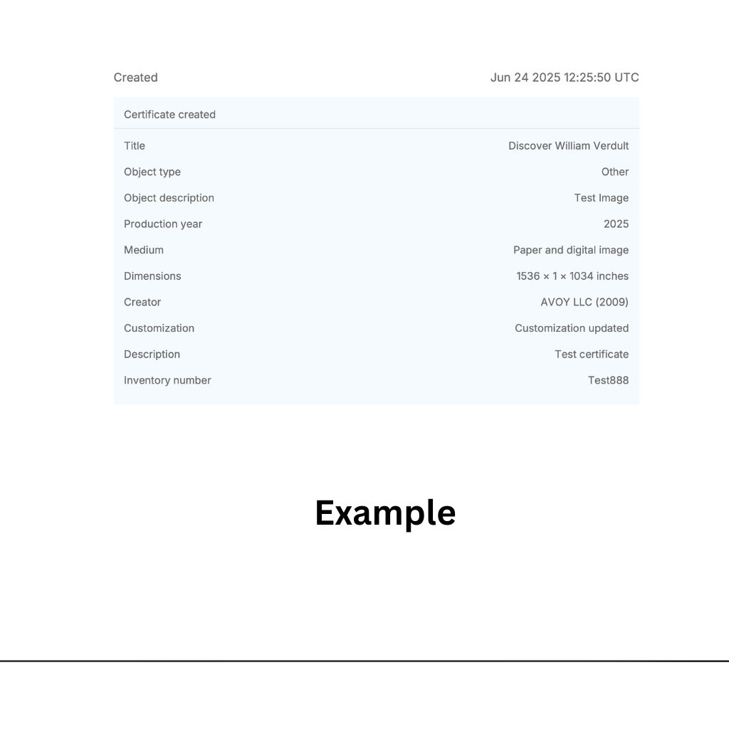 Official William Verdult COA | Blockchain Authenticated | Verisart + Mailed Certificate
